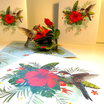 Hummingbird Attracting Red Hibiscus Flowers Origami Pop Cards 3D Pop Up Greeting Card Celebrate Happy Birthday Thank You Handmade Best Wishes Gift Thinking of You Blank Card for Any Occasion Happy Mother's Day Happy Father's Day Australiana Birds