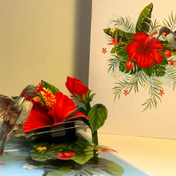 Hummingbird Attracting Red Hibiscus Flowers Origami Pop Cards 3D Pop Up Greeting Card Celebrate Happy Birthday Thank You Handmade Best Wishes Gift Thinking of You Blank Card for Any Occasion Happy Mother's Day Happy Father's Day Australiana Birds