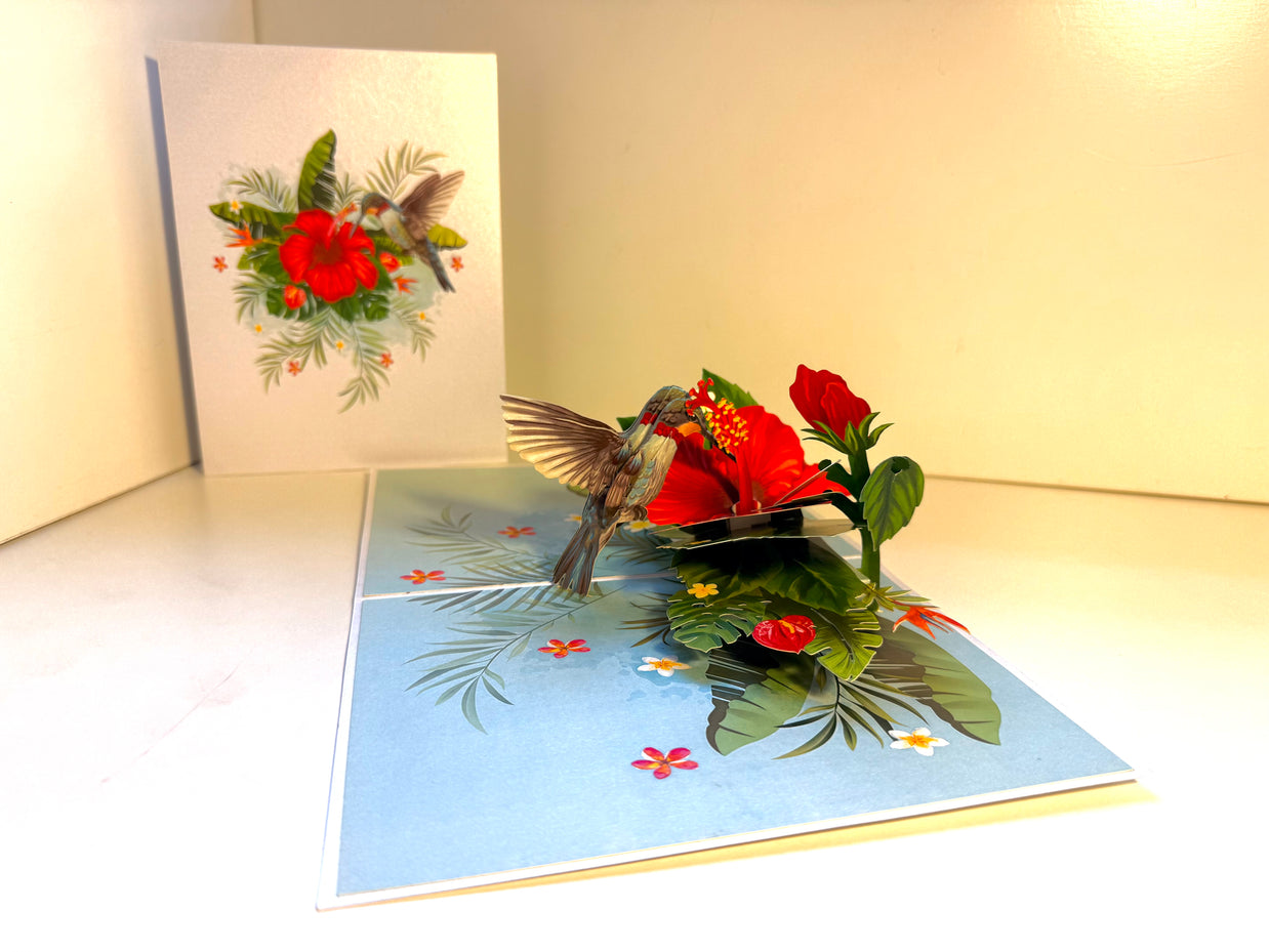 Hummingbird Attracting Red Hibiscus Flowers Origami Pop Cards 3D Pop Up Greeting Card Celebrate Happy Birthday Thank You Handmade Best Wishes Gift Thinking of You Blank Card for Any Occasion Happy Mother's Day Happy Father's Day Australiana Birds