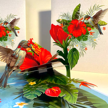 Hummingbird Attracting Red Hibiscus Flowers Origami Pop Cards 3D Pop Up Greeting Card Celebrate Happy Birthday Thank You Handmade Best Wishes Gift Thinking of You Blank Card for Any Occasion Happy Mother's Day Happy Father's Day Australiana Birds