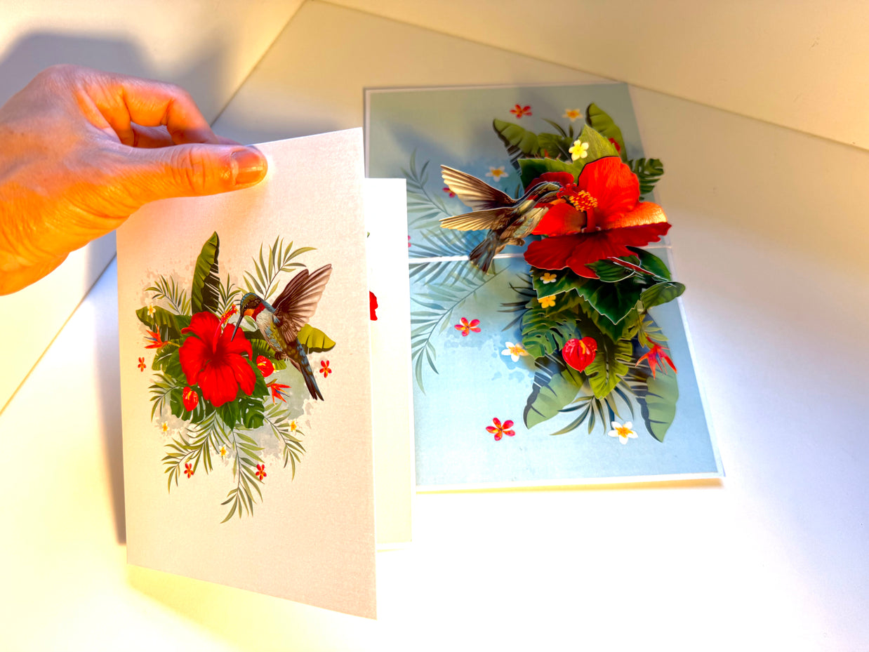 Hummingbird Attracting Red Hibiscus Flowers Origami Pop Cards 3D Pop Up Greeting Card Celebrate Happy Birthday Thank You Handmade Best Wishes Gift Thinking of You Blank Card for Any Occasion Happy Mother's Day Happy Father's Day Australiana Birds