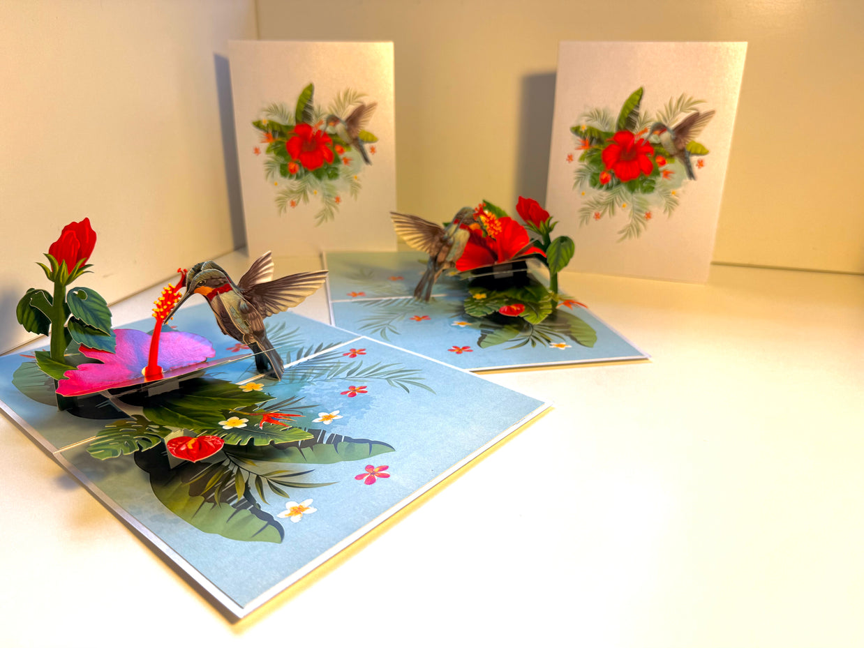 Hummingbird Attracting Red Hibiscus Flowers Origami Pop Cards 3D Pop Up Greeting Card Celebrate Happy Birthday Thank You Handmade Best Wishes Gift Thinking of You Blank Card for Any Occasion Happy Mother's Day Happy Father's Day Australiana Birds