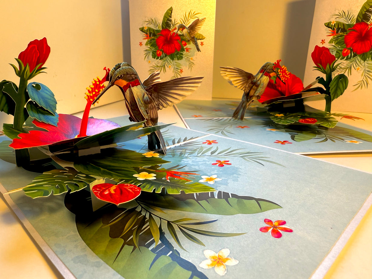 Hummingbird Attracting Red Hibiscus Flowers Origami Pop Cards 3D Pop Up Greeting Card Celebrate Happy Birthday Thank You Handmade Best Wishes Gift Thinking of You Blank Card for Any Occasion Happy Mother's Day Happy Father's Day Australiana Birds