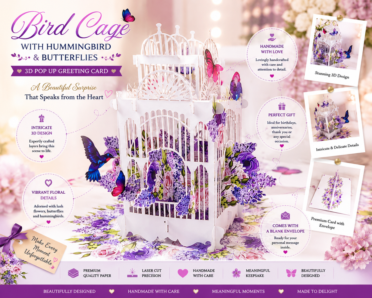 Hummingbird hovering the Bird Cage with Butterflies Origami Pop Cards 3D Pop Up Greeting Card Celebrate Happy Birthday Thank You Handmade Best Wishes Gift Thinking of You Blank Card for Any Occasion Happy Mother's Day Happy Father's Day Australiana