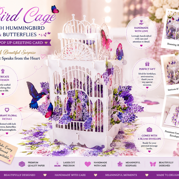 Hummingbird hovering the Bird Cage with Butterflies Origami Pop Cards 3D Pop Up Greeting Card Celebrate Happy Birthday Thank You Handmade Best Wishes Gift Thinking of You Blank Card for Any Occasion Happy Mother's Day Happy Father's Day Australiana