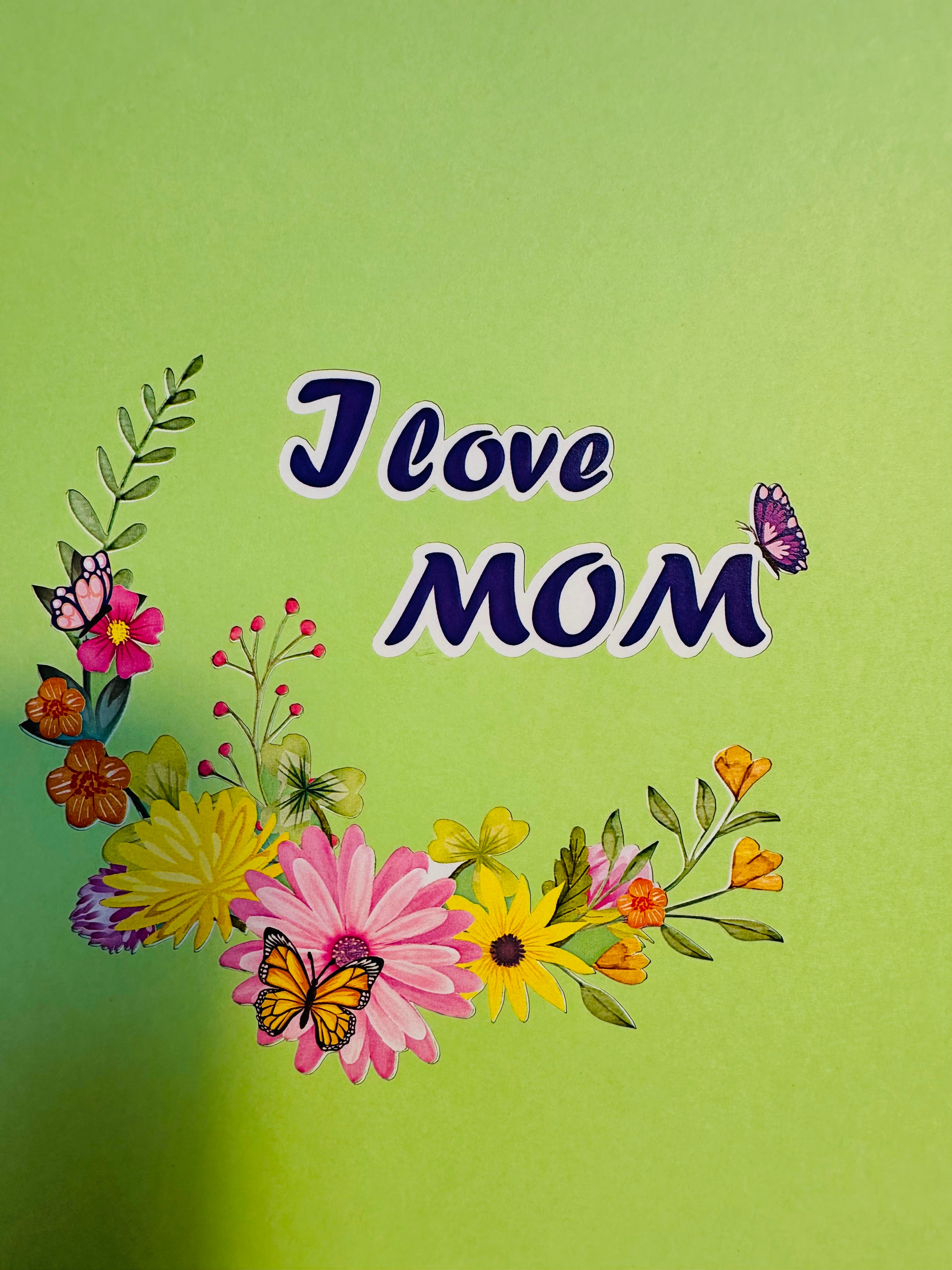 I LOVE MOM - Green Daisy Butterfly Spring Garden Origami Pop Cards 3D Pop Up Greeting Card Handmade Gift for Mum Floral Blank Card Australian Made Thank You Thinking of You Mother's Day Paper Art Gift Australian Flowers Celebrate Special Mum