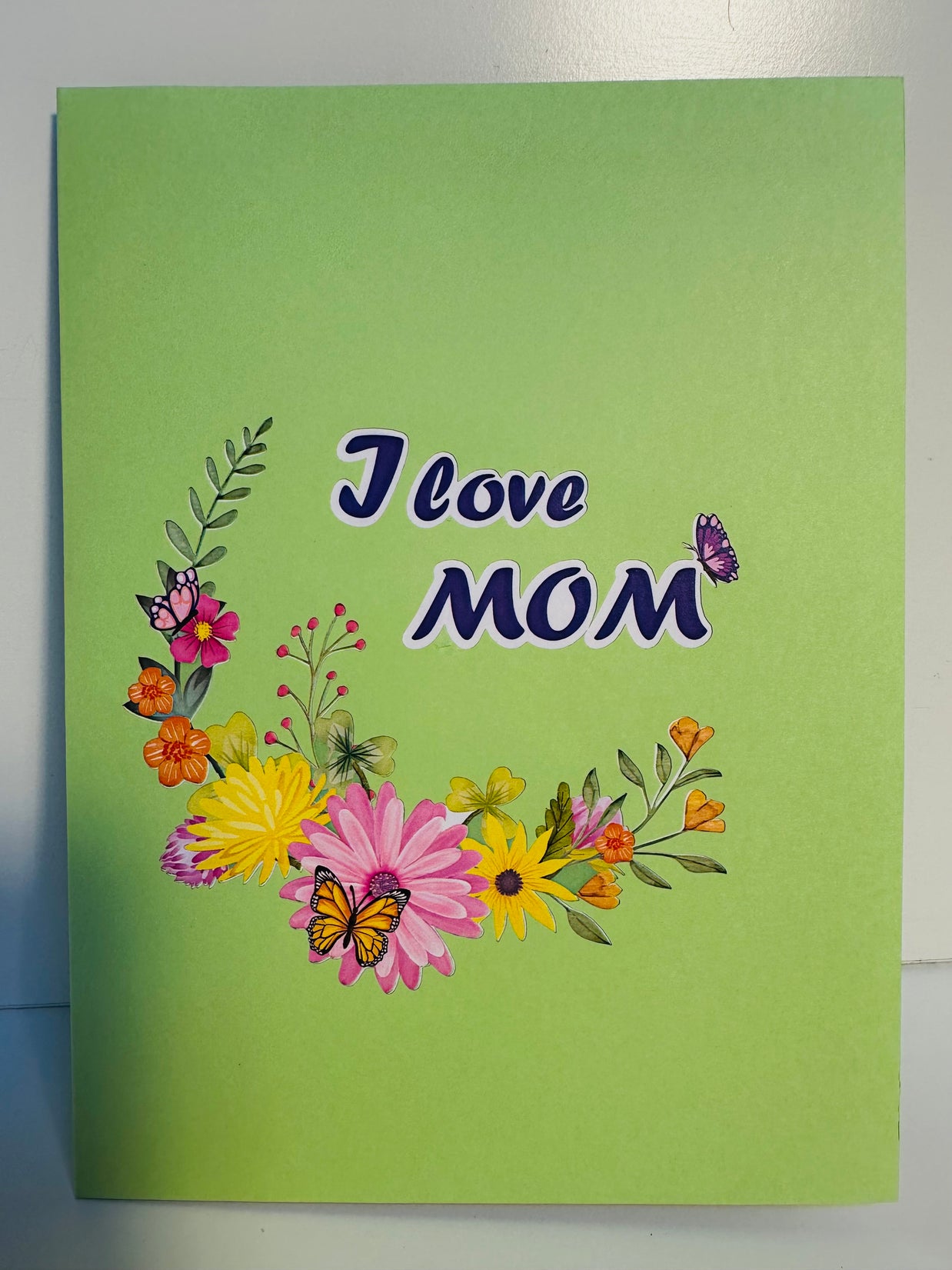 I LOVE MOM - Green Daisy Butterfly Spring Garden Origami Pop Cards 3D Pop Up Greeting Card Handmade Gift for Mum Floral Blank Card Australian Made Thank You Thinking of You Mother's Day Paper Art Gift Australian Flowers Celebrate Special Mum