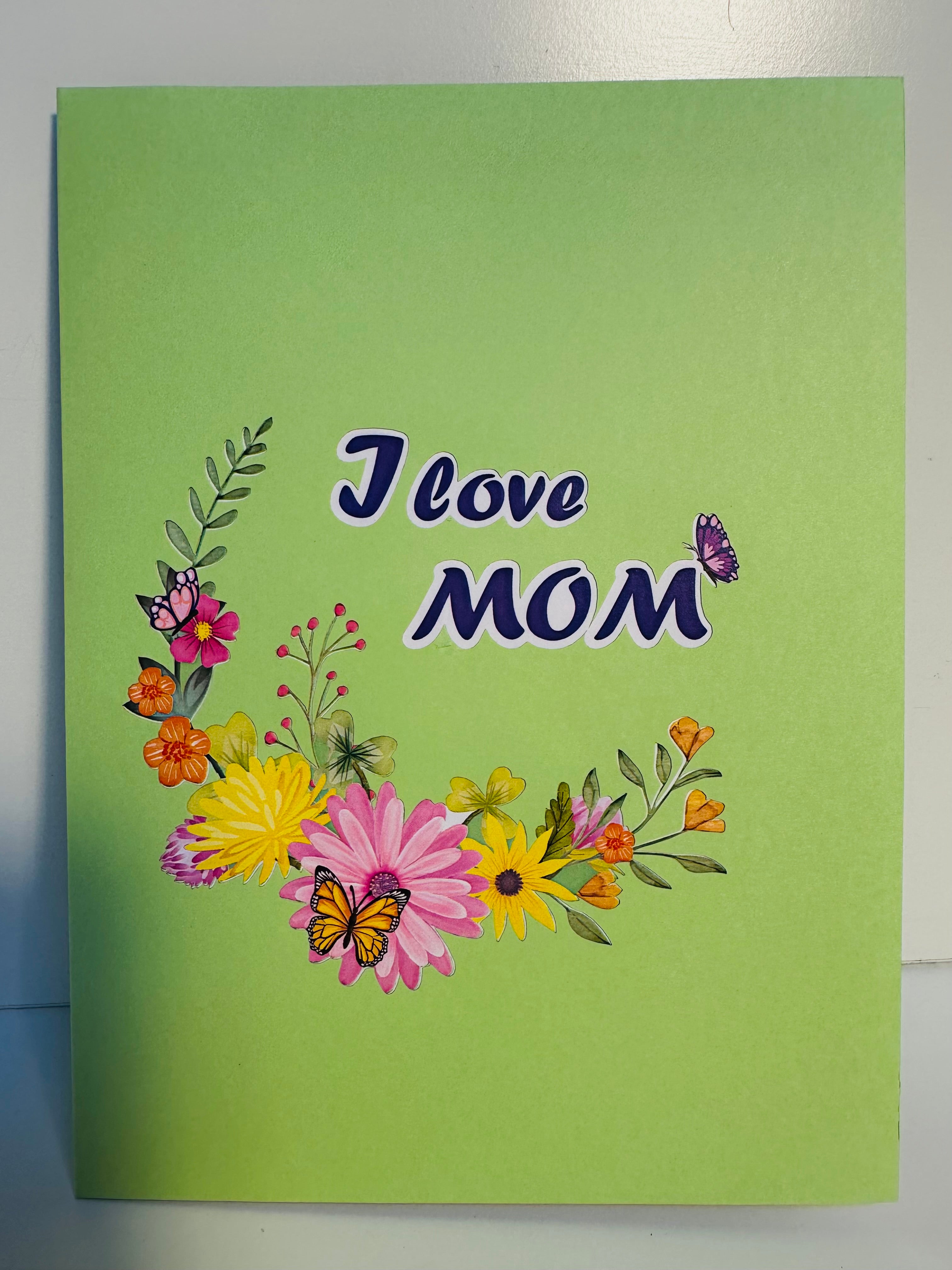 I LOVE MOM - Green Daisy Butterfly Spring Garden Origami Pop Cards 3D Pop Up Greeting Card Handmade Gift for Mum Floral Blank Card Australian Made Thank You Thinking of You Mother's Day Paper Art Gift Australian Flowers Celebrate Special Mum