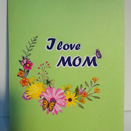 I LOVE MOM - Green Daisy Butterfly Spring Garden Origami Pop Cards 3D Pop Up Greeting Card Handmade Gift for Mum Floral Blank Card Australian Made Thank You Thinking of You Mother's Day Paper Art Gift Australian Flowers Celebrate Special Mum