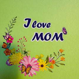 I LOVE MOM - Green Daisy Butterfly Spring Garden Origami Pop Cards 3D Pop Up Greeting Card Handmade Gift for Mum Floral Blank Card Australian Made Thank You Thinking of You Mother's Day Paper Art Gift Australian Flowers Celebrate Special Mum