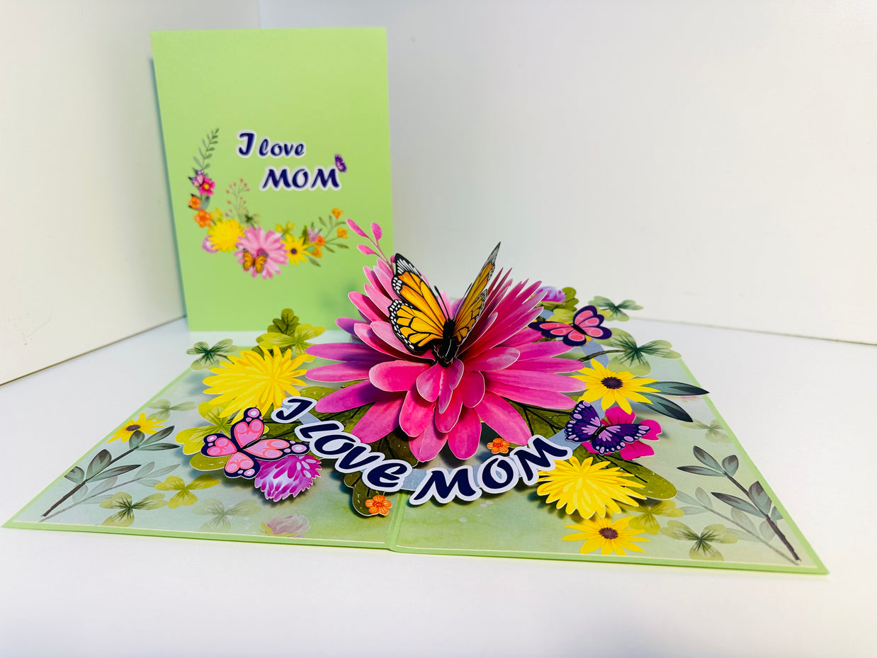 I LOVE MOM - Green Daisy Butterfly Spring Garden Origami Pop Cards 3D Pop Up Greeting Card Handmade Gift for Mum Floral Blank Card Australian Made Thank You Thinking of You Mother's Day Paper Art Gift Australian Flowers Celebrate Special Mum