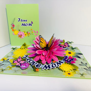 I LOVE MOM - Green Daisy Butterfly Spring Garden Origami Pop Cards 3D Pop Up Greeting Card Handmade Gift for Mum Floral Blank Card Australian Made Thank You Thinking of You Mother's Day Paper Art Gift Australian Flowers Celebrate Special Mum