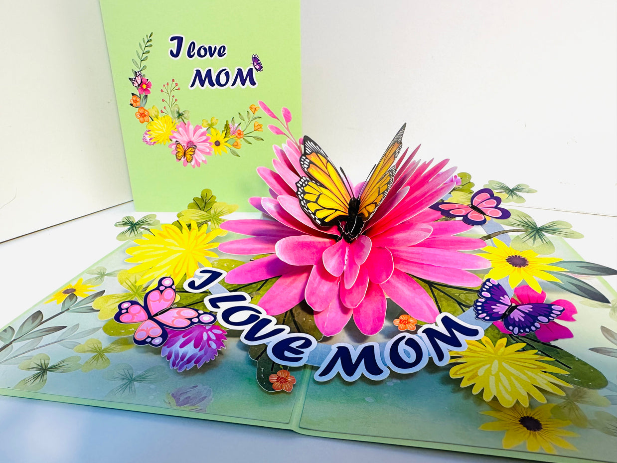 I LOVE MOM - Green Daisy Butterfly Spring Garden Origami Pop Cards 3D Pop Up Greeting Card Handmade Gift for Mum Floral Blank Card Australian Made Thank You Thinking of You Mother's Day Paper Art Gift Australian Flowers Celebrate Special Mum