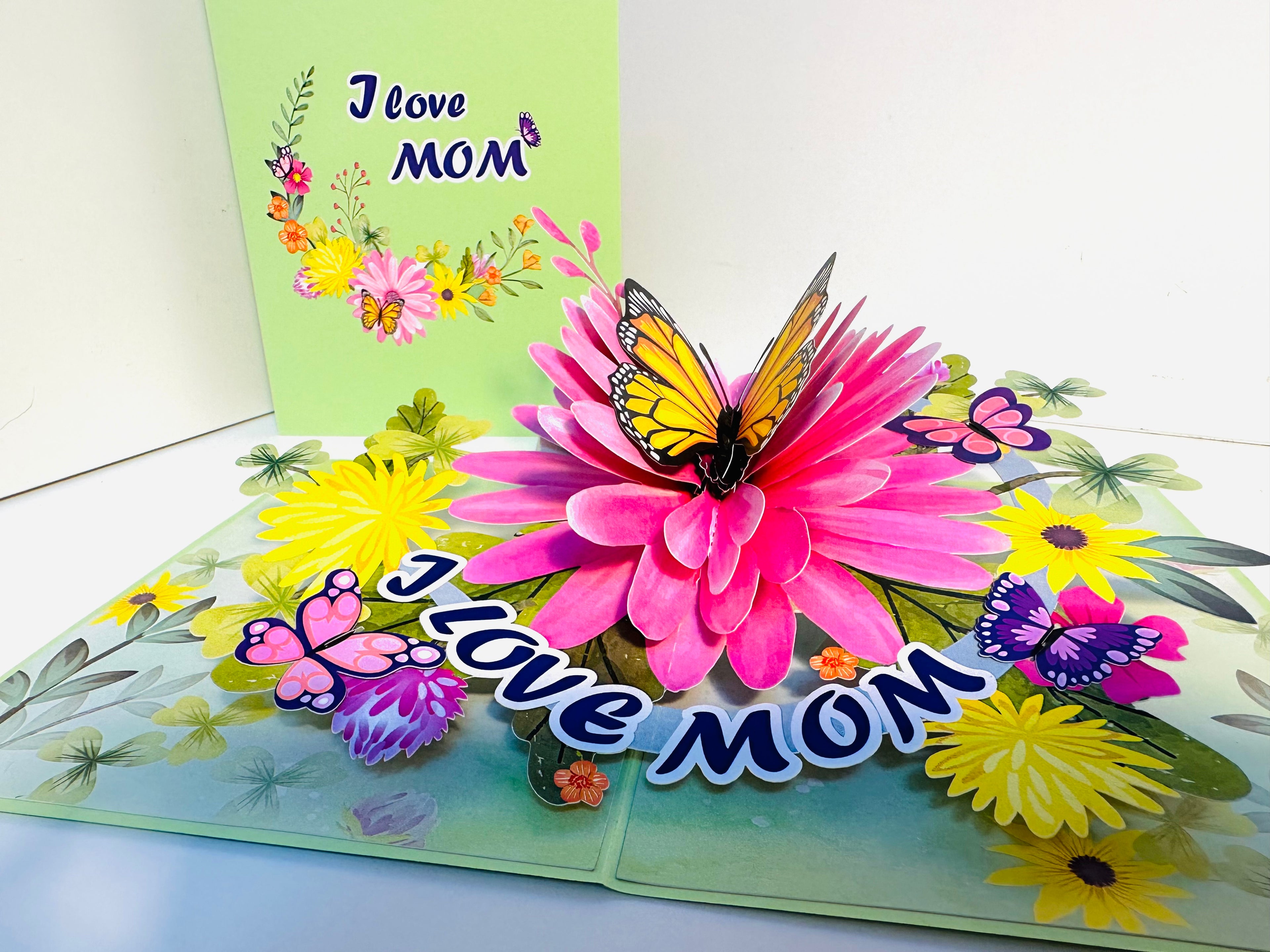 I LOVE MOM - Green Daisy Butterfly Spring Garden Origami Pop Cards 3D Pop Up Greeting Card Handmade Gift for Mum Floral Blank Card Australian Made Thank You Thinking of You Mother's Day Paper Art Gift Australian Flowers Celebrate Special Mum