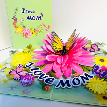 I LOVE MOM - Green Daisy Butterfly Spring Garden Origami Pop Cards 3D Pop Up Greeting Card Handmade Gift for Mum Floral Blank Card Australian Made Thank You Thinking of You Mother's Day Paper Art Gift Australian Flowers Celebrate Special Mum