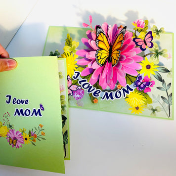 I LOVE MOM - Green Daisy Butterfly Spring Garden Origami Pop Cards 3D Pop Up Greeting Card Handmade Gift for Mum Floral Blank Card Australian Made Thank You Thinking of You Mother's Day Paper Art Gift Australian Flowers Celebrate Special Mum