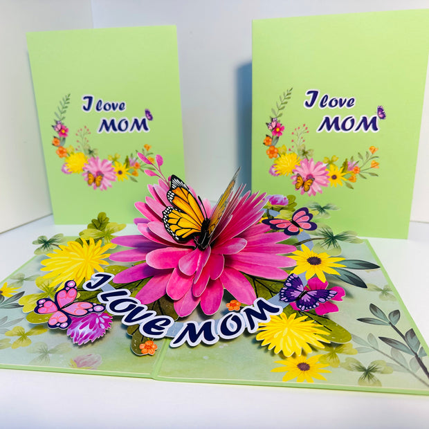 I LOVE MOM - Green Daisy Butterfly Spring Garden Origami Pop Cards 3D Pop Up Greeting Card Handmade Gift for Mum Floral Blank Card Australian Made Thank You Thinking of You Mother's Day Paper Art Gift Australian Flowers Celebrate Special Mum