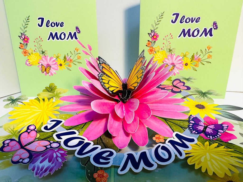 I LOVE MOM - Green Daisy Butterfly Spring Garden Origami Pop Cards 3D Pop Up Greeting Card Handmade Gift for Mum Floral Blank Card Australian Made Thank You Thinking of You Mother's Day Paper Art Gift Australian Flowers Celebrate Special Mum