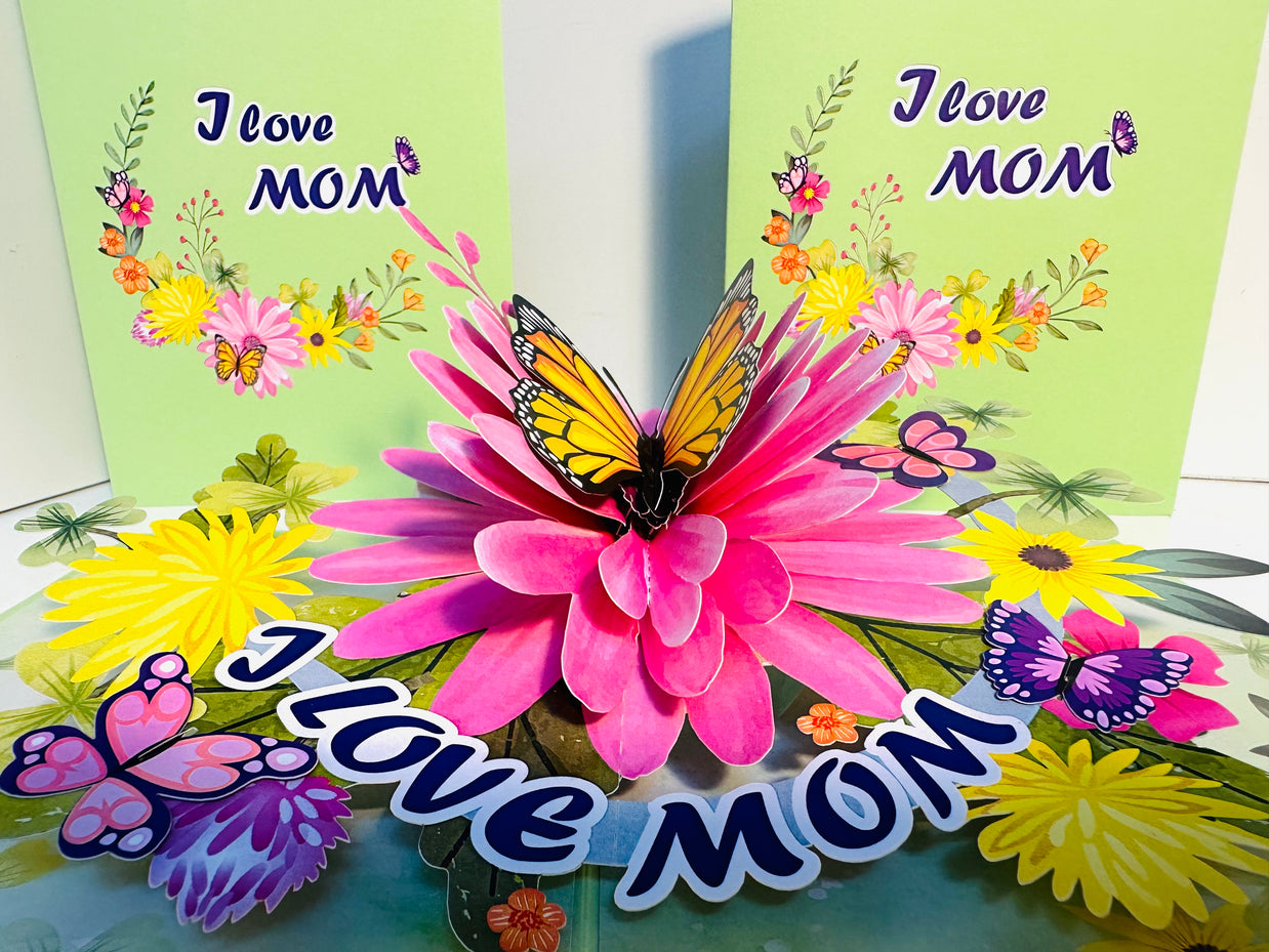 I LOVE MOM - Green Daisy Butterfly Spring Garden Origami Pop Cards 3D Pop Up Greeting Card Handmade Gift for Mum Floral Blank Card Australian Made Thank You Thinking of You Mother's Day Paper Art Gift Australian Flowers Celebrate Special Mum