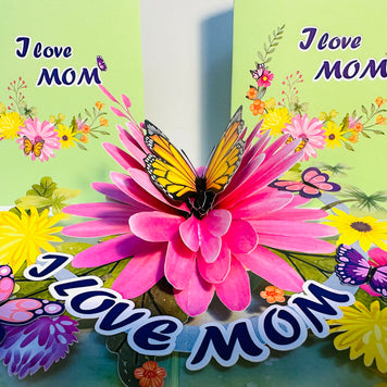I LOVE MOM - Green Daisy Butterfly Spring Garden Origami Pop Cards 3D Pop Up Greeting Card Handmade Gift for Mum Floral Blank Card Australian Made Thank You Thinking of You Mother's Day Paper Art Gift Australian Flowers Celebrate Special Mum