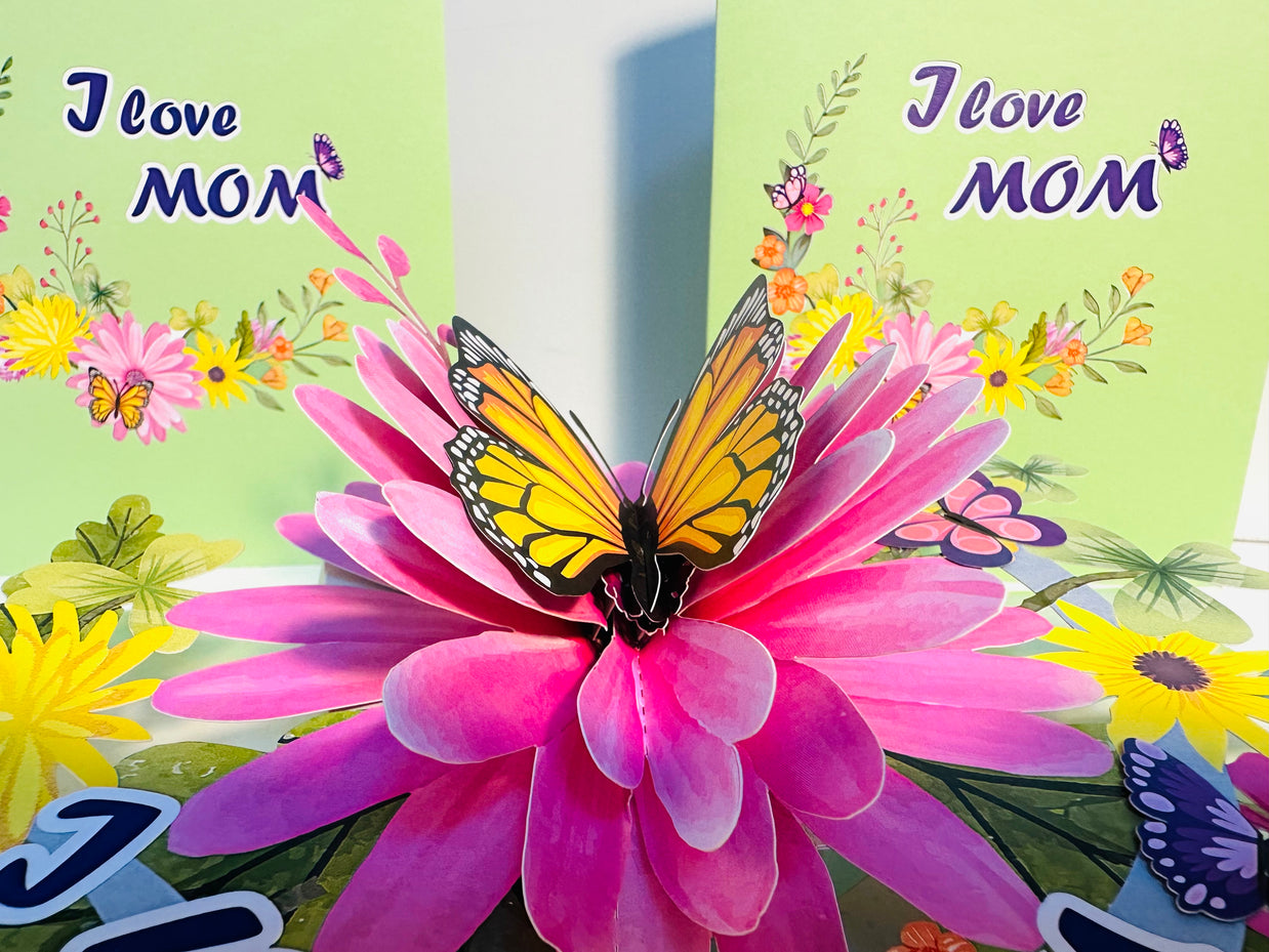 I LOVE MOM - Green Daisy Butterfly Spring Garden Origami Pop Cards 3D Pop Up Greeting Card Handmade Gift for Mum Floral Blank Card Australian Made Thank You Thinking of You Mother's Day Paper Art Gift Australian Flowers Celebrate Special Mum