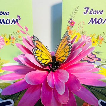 I LOVE MOM - Green Daisy Butterfly Spring Garden Origami Pop Cards 3D Pop Up Greeting Card Handmade Gift for Mum Floral Blank Card Australian Made Thank You Thinking of You Mother's Day Paper Art Gift Australian Flowers Celebrate Special Mum