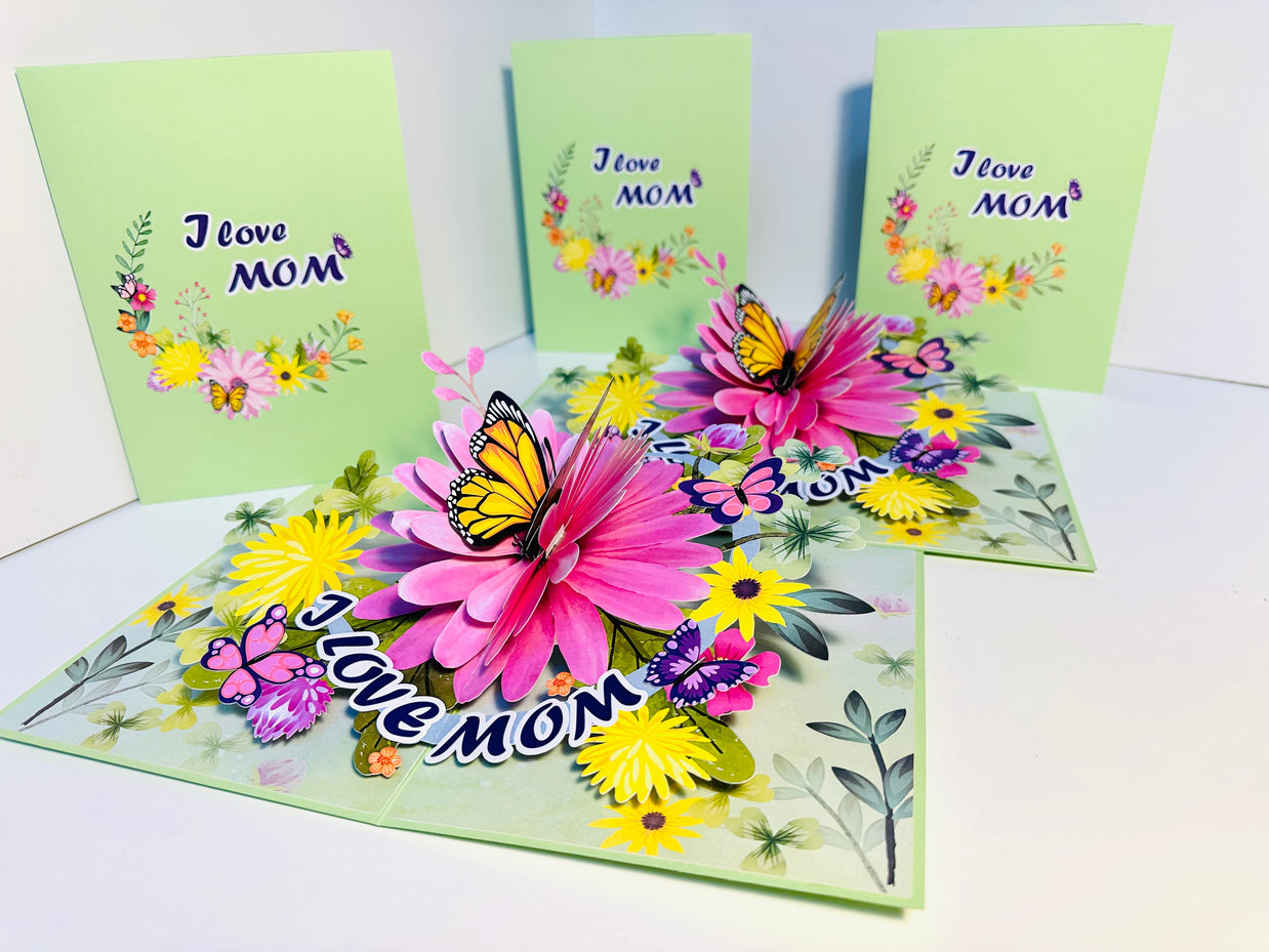 I LOVE MOM - Green Daisy Butterfly Spring Garden Origami Pop Cards 3D Pop Up Greeting Card Handmade Gift for Mum Floral Blank Card Australian Made Thank You Thinking of You Mother's Day Paper Art Gift Australian Flowers Celebrate Special Mum