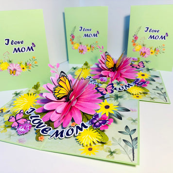 I LOVE MOM - Green Daisy Butterfly Spring Garden Origami Pop Cards 3D Pop Up Greeting Card Handmade Gift for Mum Floral Blank Card Australian Made Thank You Thinking of You Mother's Day Paper Art Gift Australian Flowers Celebrate Special Mum
