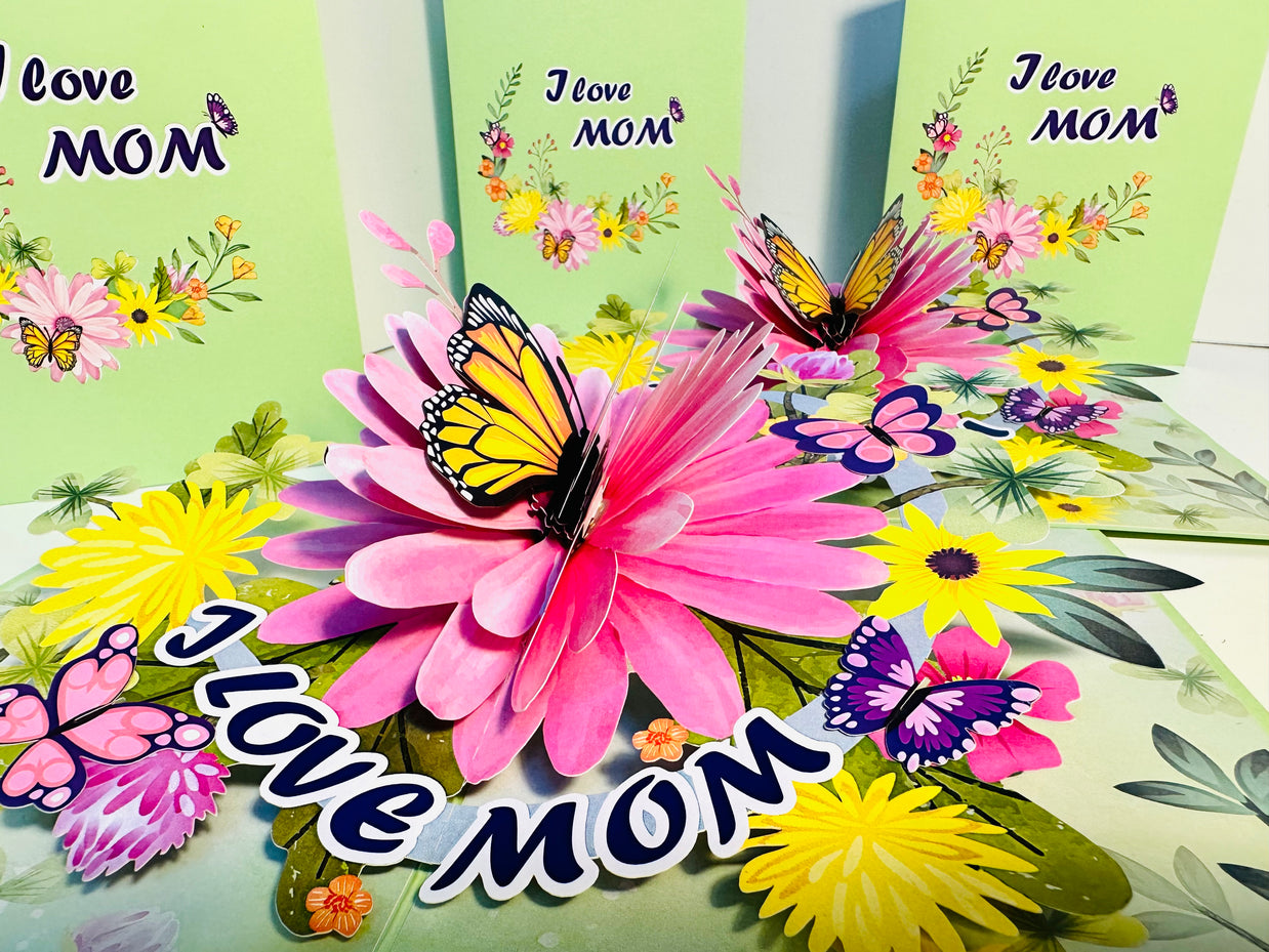 I LOVE MOM - Green Daisy Butterfly Spring Garden Origami Pop Cards 3D Pop Up Greeting Card Handmade Gift for Mum Floral Blank Card Australian Made Thank You Thinking of You Mother's Day Paper Art Gift Australian Flowers Celebrate Special Mum