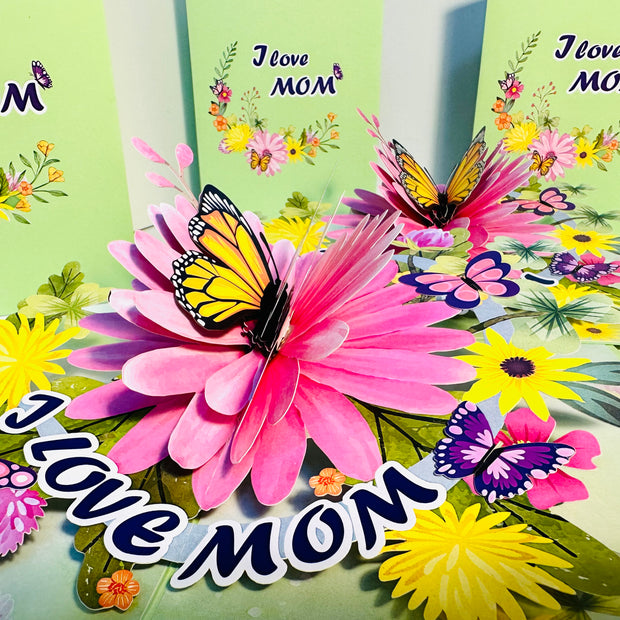 I LOVE MOM - Green Daisy Butterfly Spring Garden Origami Pop Cards 3D Pop Up Greeting Card Handmade Gift for Mum Floral Blank Card Australian Made Thank You Thinking of You Mother's Day Paper Art Gift Australian Flowers Celebrate Special Mum