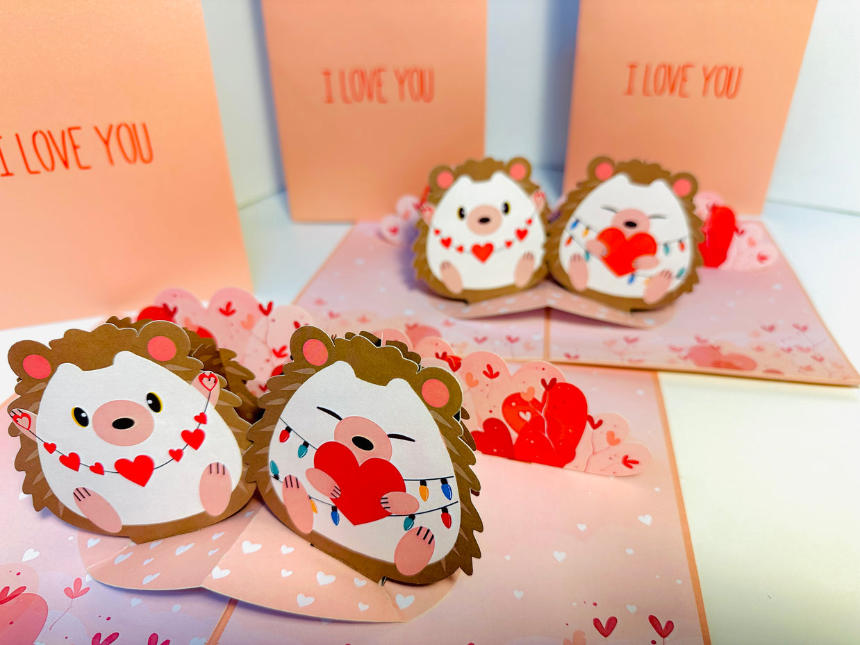 I LOVE YOU - Adorable Hedgehog Couple in Love 3D POP UP GREETING CARD - Created by Origami Pop Cards Australian Design & Handmade 3D Pop Up Magical Paper Cards, Handmade Pop Up Cards Happy Valentine's Day Celebrate Love Heart Fell and Romantic