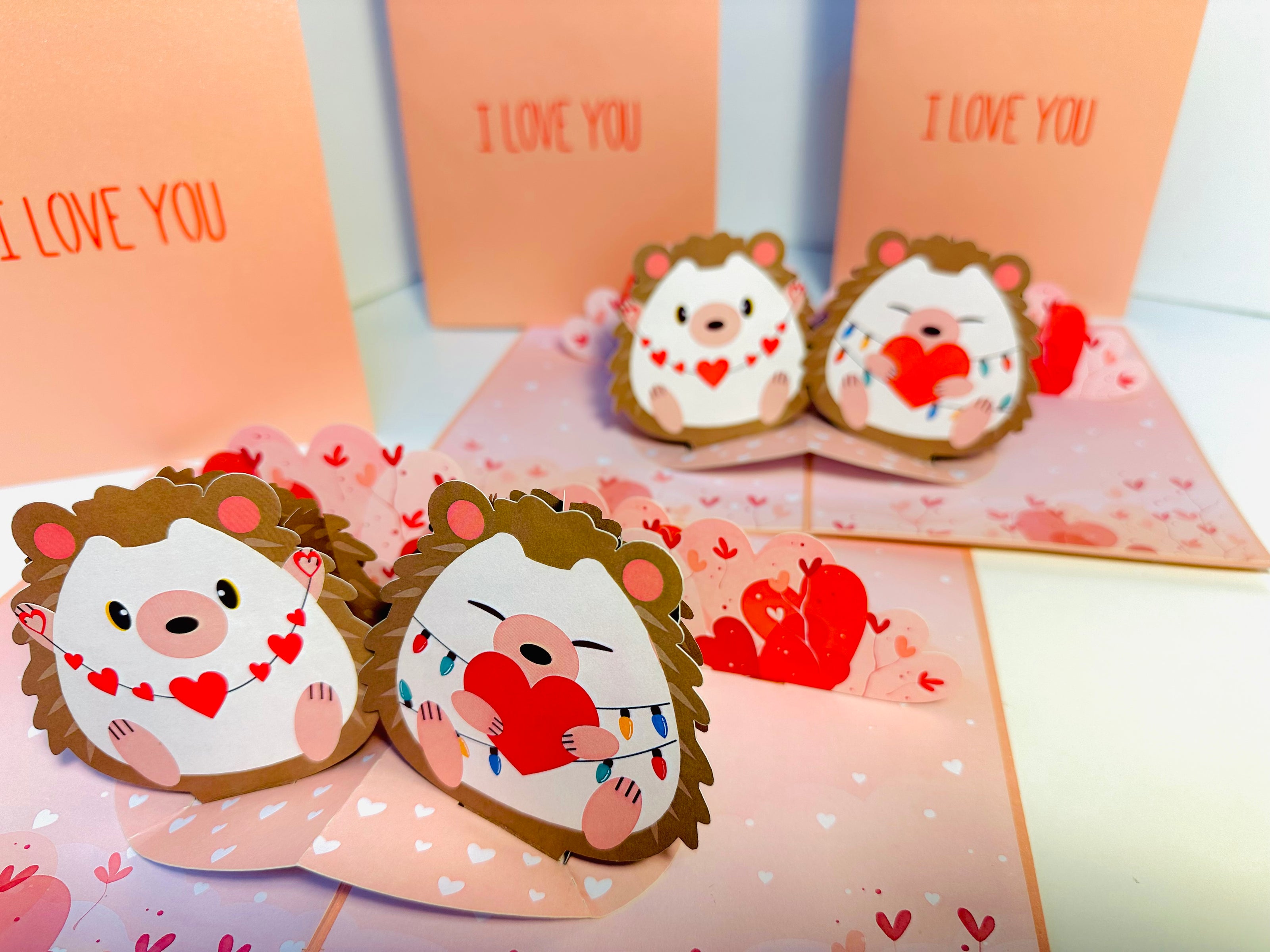 I LOVE YOU - Adorable Hedgehog Couple in Love 3D POP UP GREETING CARD - Created by Origami Pop Cards Australian Design & Handmade 3D Pop Up Magical Paper Cards, Handmade Pop Up Cards Happy Valentine's Day Celebrate Love Heart Fell and Romantic