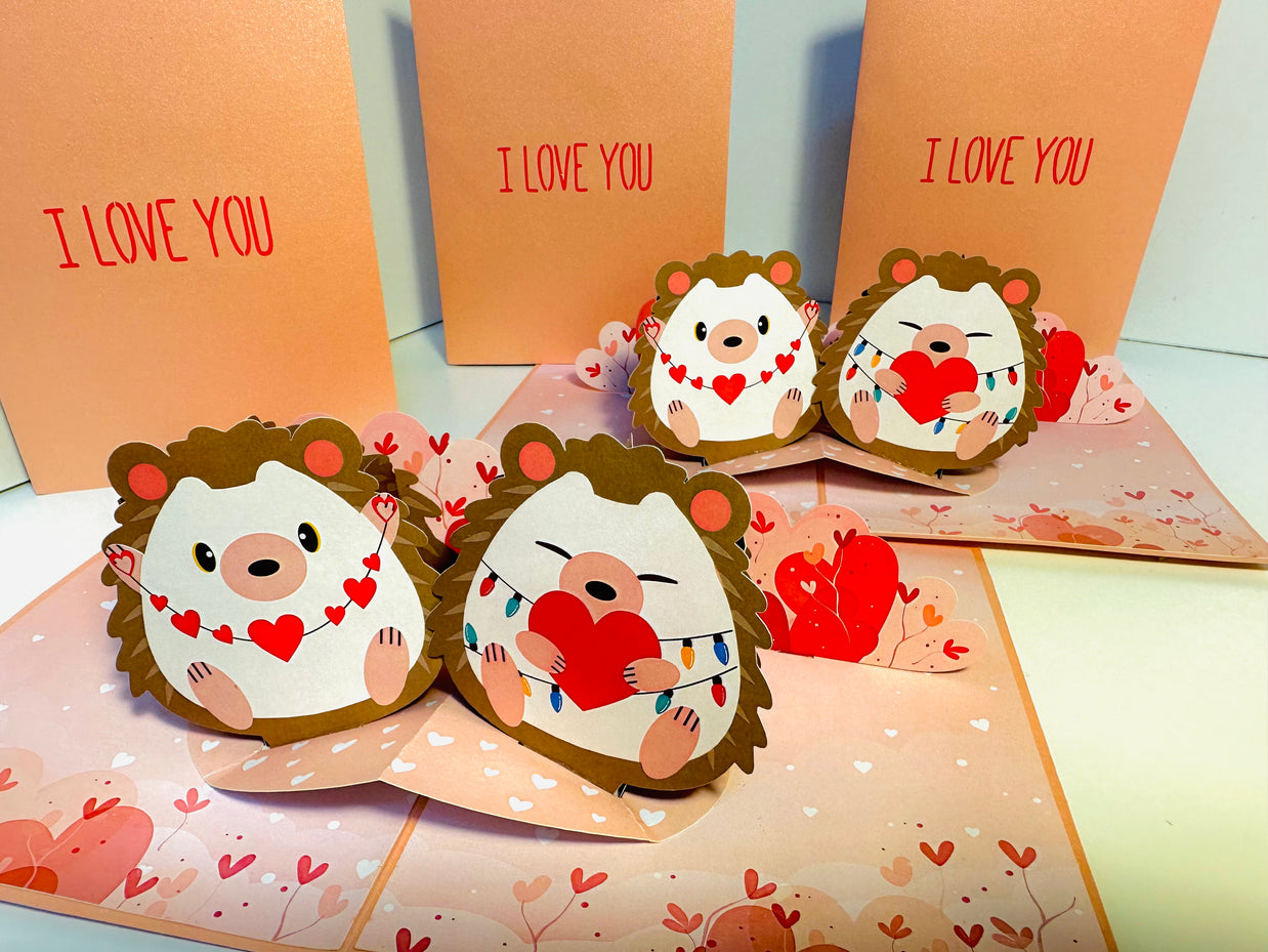 I LOVE YOU - Adorable Hedgehog Couple in Love 3D POP UP GREETING CARD - Created by Origami Pop Cards Australian Design & Handmade 3D Pop Up Magical Paper Cards, Handmade Pop Up Cards Happy Valentine's Day Celebrate Love Heart Fell and Romantic