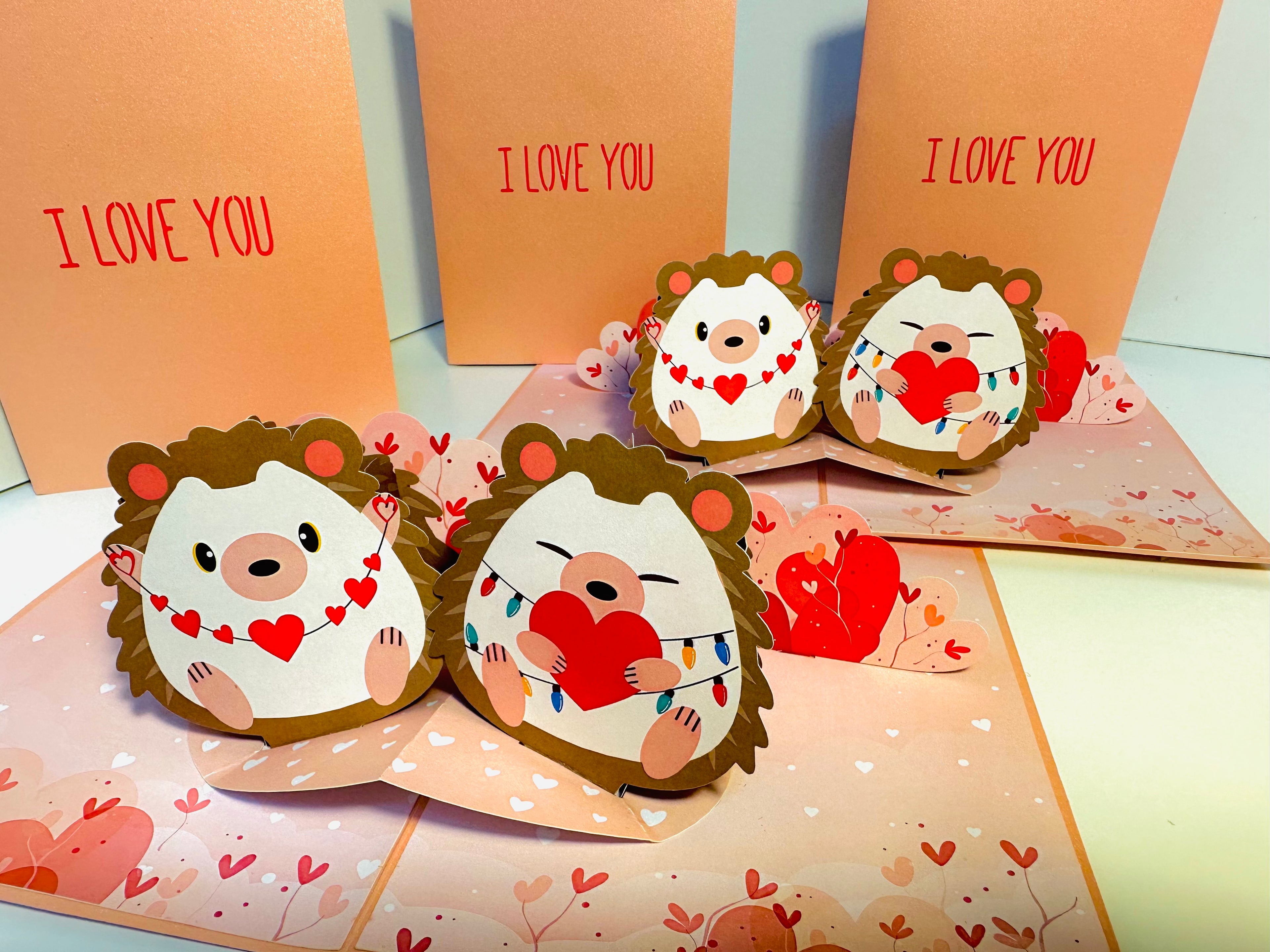 I LOVE YOU - Adorable Hedgehog Couple in Love 3D POP UP GREETING CARD - Created by Origami Pop Cards Australian Design & Handmade 3D Pop Up Magical Paper Cards, Handmade Pop Up Cards Happy Valentine's Day Celebrate Love Heart Fell and Romantic