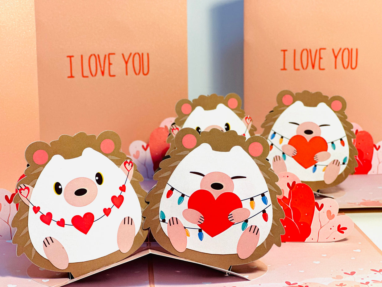 I LOVE YOU - Adorable Hedgehog Couple in Love 3D POP UP GREETING CARD - Created by Origami Pop Cards Australian Design & Handmade 3D Pop Up Magical Paper Cards, Handmade Pop Up Cards Happy Valentine's Day Celebrate Love Heart Fell and Romantic