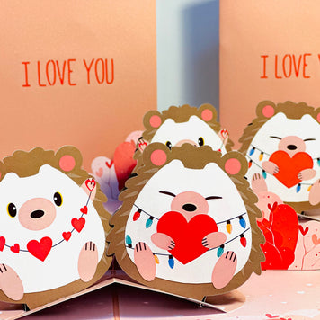 I LOVE YOU - Adorable Hedgehog Couple in Love 3D POP UP GREETING CARD - Created by Origami Pop Cards Australian Design & Handmade 3D Pop Up Magical Paper Cards, Handmade Pop Up Cards Happy Valentine's Day Celebrate Love Heart Fell and Romantic