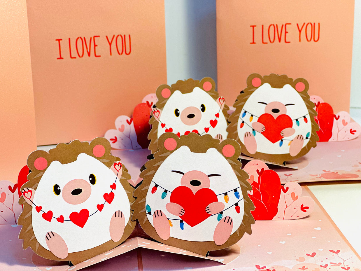 I LOVE YOU - Adorable Hedgehog Couple in Love 3D POP UP GREETING CARD - Created by Origami Pop Cards Australian Design & Handmade 3D Pop Up Magical Paper Cards, Handmade Pop Up Cards Happy Valentine's Day Celebrate Love Heart Fell and Romantic