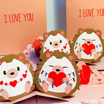 I LOVE YOU - Adorable Hedgehog Couple in Love 3D POP UP GREETING CARD - Created by Origami Pop Cards Australian Design & Handmade 3D Pop Up Magical Paper Cards, Handmade Pop Up Cards Happy Valentine's Day Celebrate Love Heart Fell and Romantic