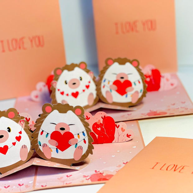 I LOVE YOU - Adorable Hedgehog Couple in Love 3D POP UP GREETING CARD - Created by Origami Pop Cards Australian Design & Handmade 3D Pop Up Magical Paper Cards, Handmade Pop Up Cards Happy Valentine's Day Celebrate Love Heart Fell and Romantic