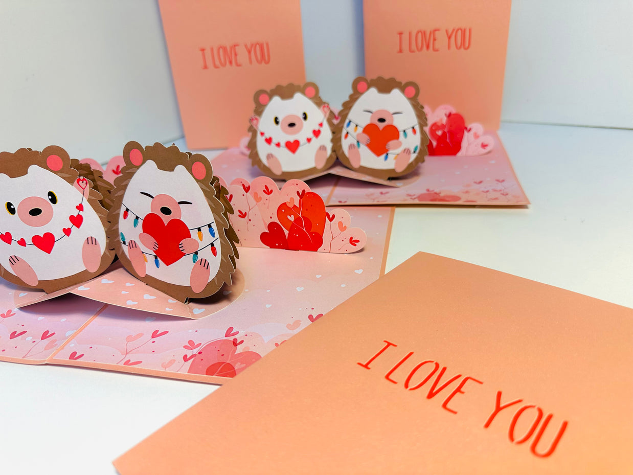 I LOVE YOU - Adorable Hedgehog Couple in Love 3D POP UP GREETING CARD - Created by Origami Pop Cards Australian Design & Handmade 3D Pop Up Magical Paper Cards, Handmade Pop Up Cards Happy Valentine's Day Celebrate Love Heart Fell and Romantic