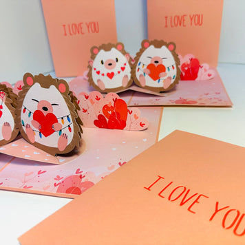 I LOVE YOU - Adorable Hedgehog Couple in Love 3D POP UP GREETING CARD - Created by Origami Pop Cards Australian Design & Handmade 3D Pop Up Magical Paper Cards, Handmade Pop Up Cards Happy Valentine's Day Celebrate Love Heart Fell and Romantic