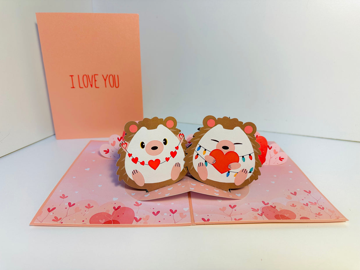 I LOVE YOU - Adorable Hedgehog Couple in Love 3D POP UP GREETING CARD - Created by Origami Pop Cards Australian Design & Handmade 3D Pop Up Magical Paper Cards, Handmade Pop Up Cards Happy Valentine's Day Celebrate Love Heart Fell and Romantic