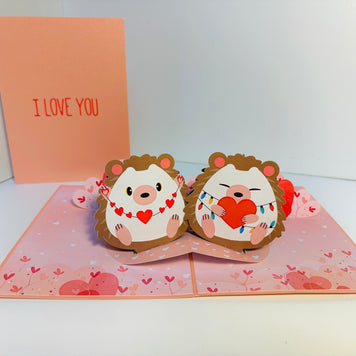 I LOVE YOU - Adorable Hedgehog Couple in Love 3D POP UP GREETING CARD - Created by Origami Pop Cards Australian Design & Handmade 3D Pop Up Magical Paper Cards, Handmade Pop Up Cards Happy Valentine's Day Celebrate Love Heart Fell and Romantic