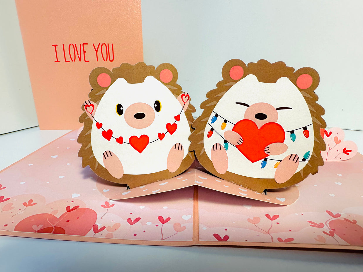 I LOVE YOU - Adorable Hedgehog Couple in Love 3D POP UP GREETING CARD - Created by Origami Pop Cards Australian Design & Handmade 3D Pop Up Magical Paper Cards, Handmade Pop Up Cards Happy Valentine's Day Celebrate Love Heart Fell and Romantic