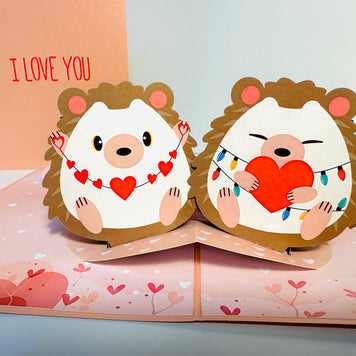 I LOVE YOU - Adorable Hedgehog Couple in Love 3D POP UP GREETING CARD - Created by Origami Pop Cards Australian Design & Handmade 3D Pop Up Magical Paper Cards, Handmade Pop Up Cards Happy Valentine's Day Celebrate Love Heart Fell and Romantic