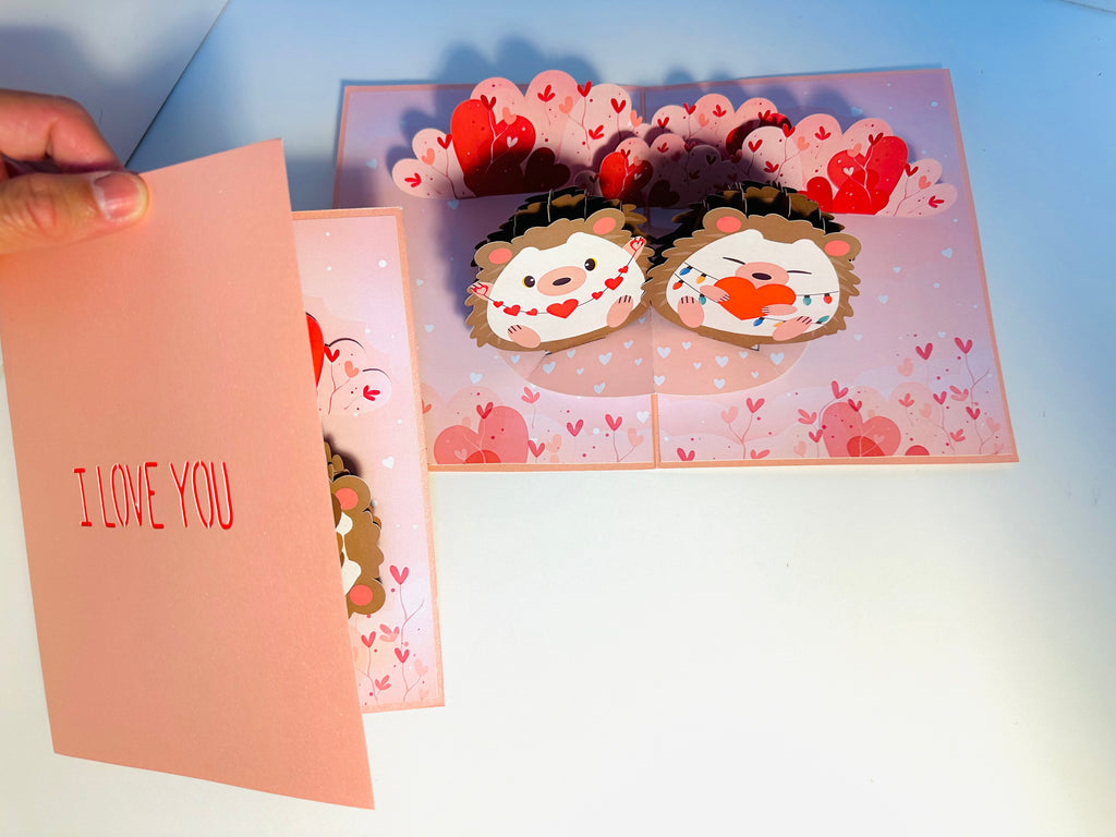 I LOVE YOU - Adorable Hedgehog Couple in Love 3D POP UP GREETING CARD - Created by Origami Pop Cards Australian Design & Handmade 3D Pop Up Magical Paper Cards, Handmade Pop Up Cards Happy Valentine's Day Celebrate Love Heart Fell and Romantic