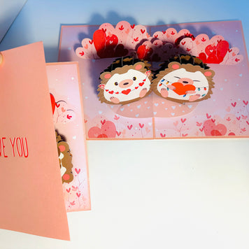 I LOVE YOU - Adorable Hedgehog Couple in Love 3D POP UP GREETING CARD - Created by Origami Pop Cards Australian Design & Handmade 3D Pop Up Magical Paper Cards, Handmade Pop Up Cards Happy Valentine's Day Celebrate Love Heart Fell and Romantic