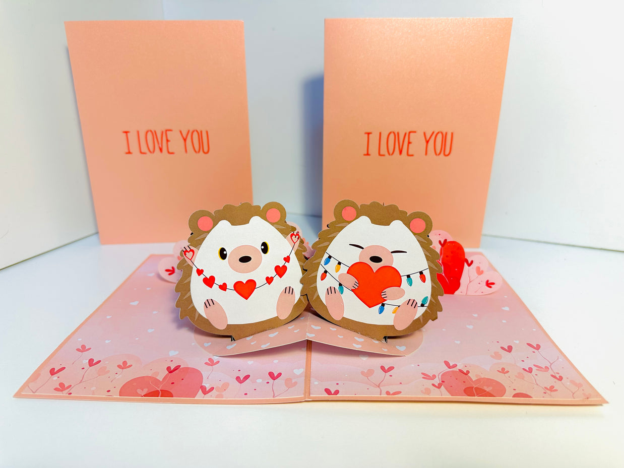 I LOVE YOU - Adorable Hedgehog Couple in Love 3D POP UP GREETING CARD - Created by Origami Pop Cards Australian Design & Handmade 3D Pop Up Magical Paper Cards, Handmade Pop Up Cards Happy Valentine's Day Celebrate Love Heart Fell and Romantic