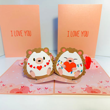 I LOVE YOU - Adorable Hedgehog Couple in Love 3D POP UP GREETING CARD - Created by Origami Pop Cards Australian Design & Handmade 3D Pop Up Magical Paper Cards, Handmade Pop Up Cards Happy Valentine's Day Celebrate Love Heart Fell and Romantic