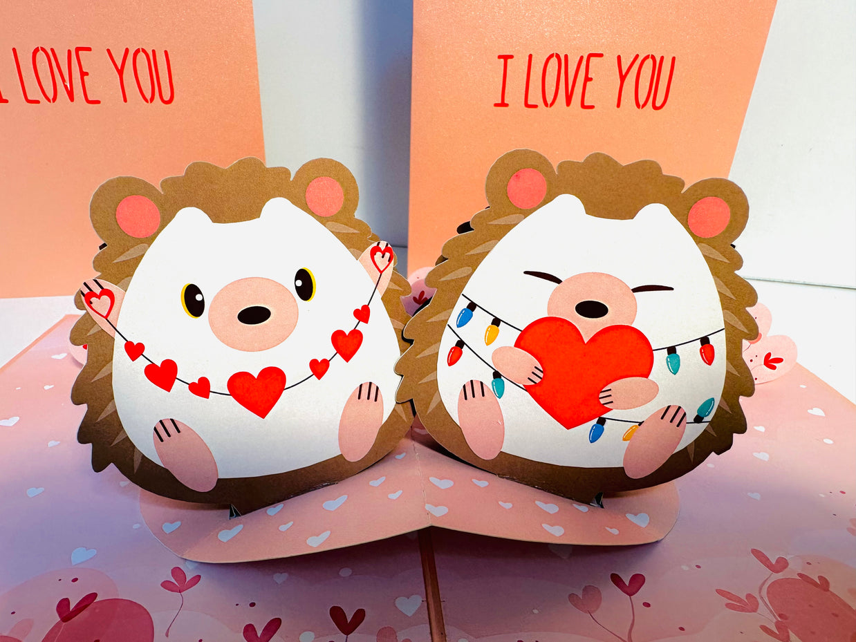 I LOVE YOU - Adorable Hedgehog Couple in Love 3D POP UP GREETING CARD - Created by Origami Pop Cards Australian Design & Handmade 3D Pop Up Magical Paper Cards, Handmade Pop Up Cards Happy Valentine's Day Celebrate Love Heart Fell and Romantic